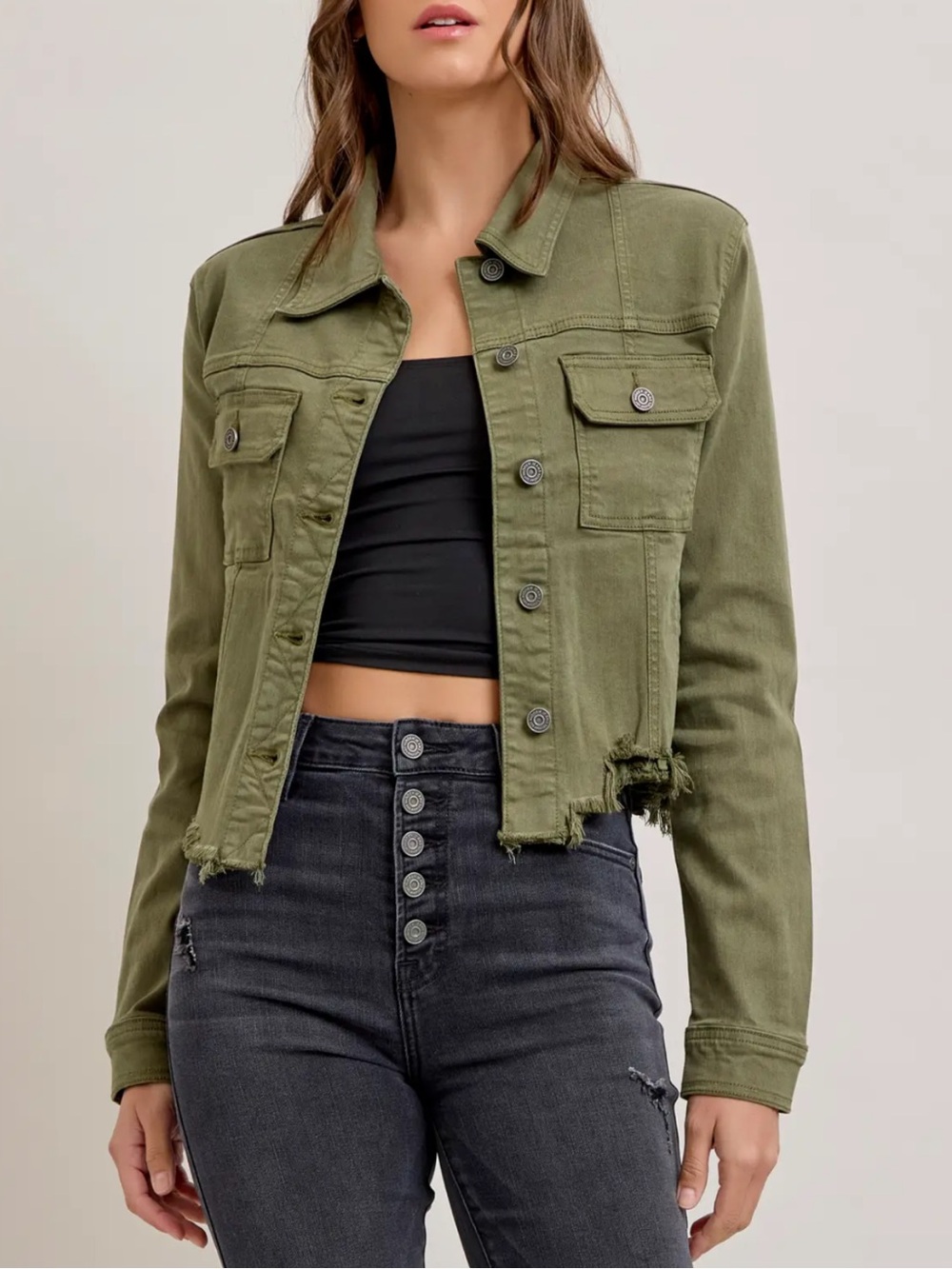 Hidden Olive Distressed Crop Denim Jacket